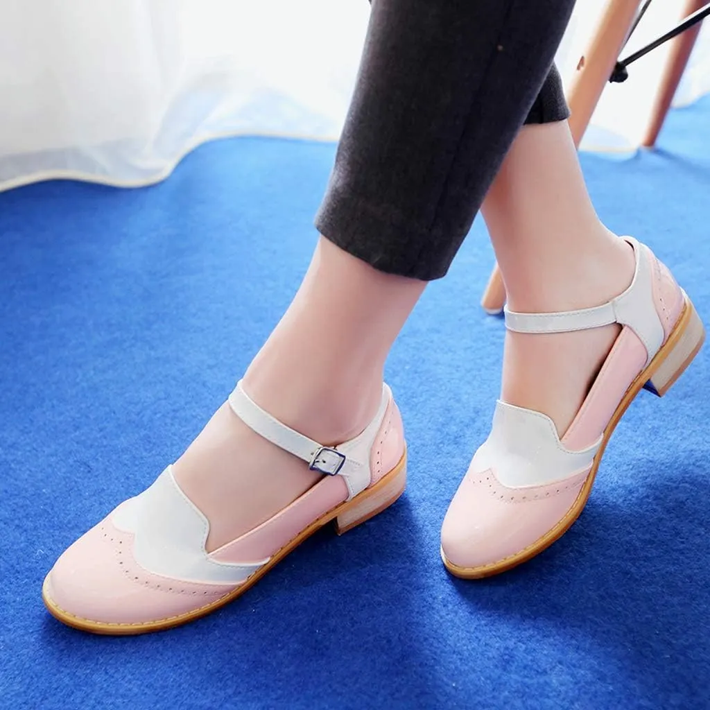 MIOKE Women's Two Tone Flat Mary Jane Oxford Shoes Wingtip Buckle Low Heel Vintage Saddle Oxfords Brogues