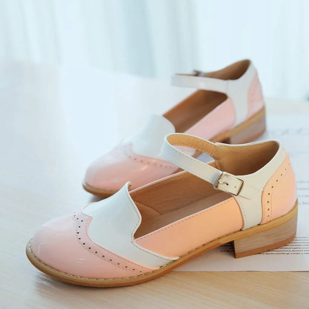 MIOKE Women's Two Tone Flat Mary Jane Oxford Shoes Wingtip Buckle Low Heel Vintage Saddle Oxfords Brogues