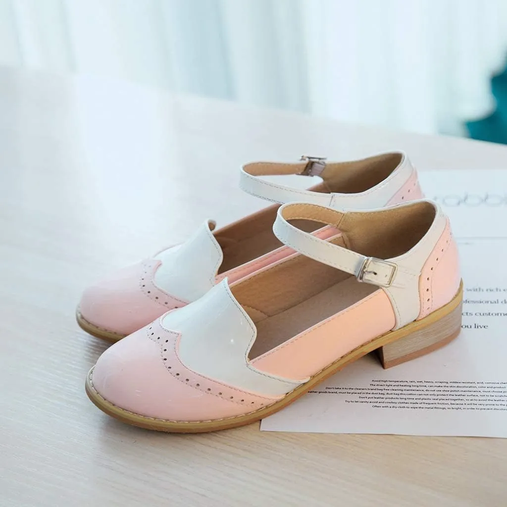 MIOKE Women's Two Tone Flat Mary Jane Oxford Shoes Wingtip Buckle Low Heel Vintage Saddle Oxfords Brogues