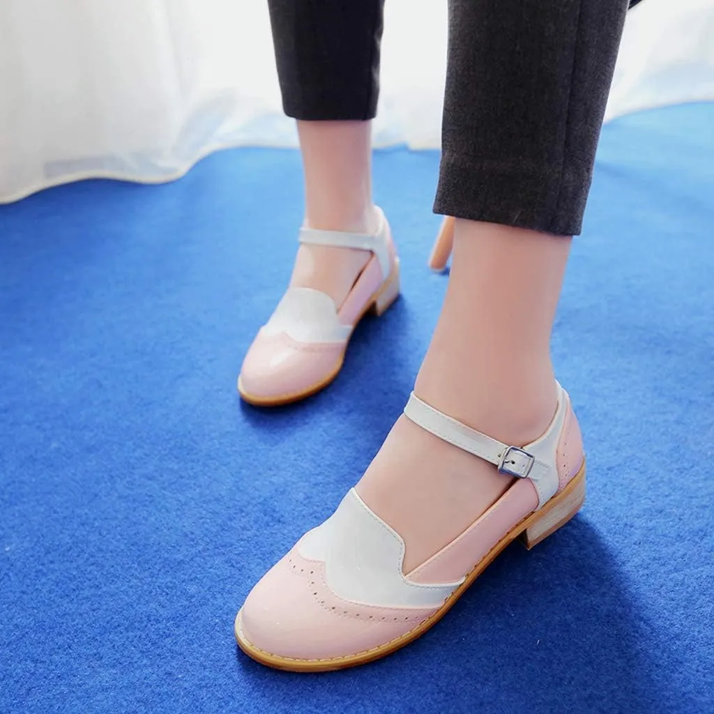 MIOKE Women's Two Tone Flat Mary Jane Oxford Shoes Wingtip Buckle Low Heel Vintage Saddle Oxfords Brogues