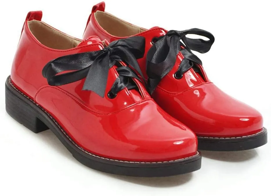 MIOKE Women's Wedge Platform Oxfords Shoes Round Toe Wingtip Lace Up Leather Chunky High Heel Dress Shoes