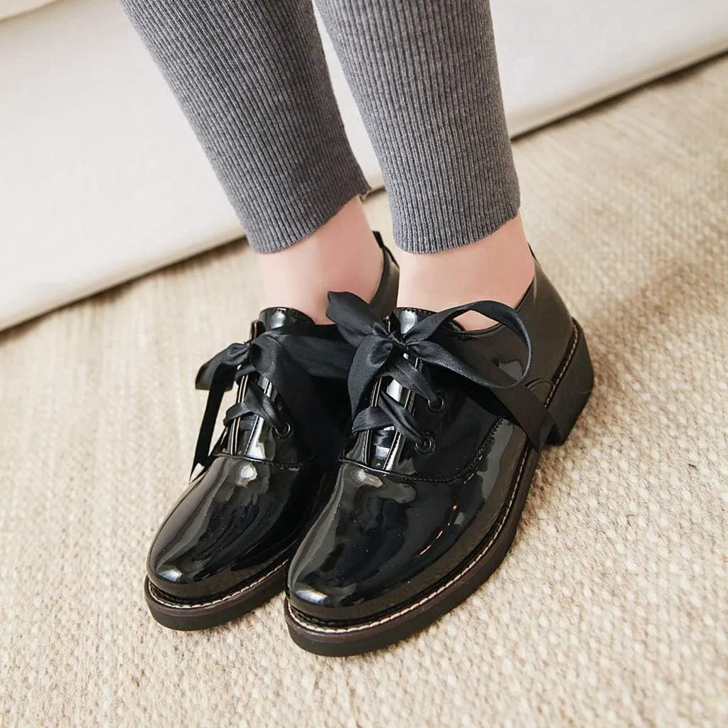 MIOKE Women's Wedge Platform Oxfords Shoes Round Toe Wingtip Lace Up Leather Chunky High Heel Dress Shoes