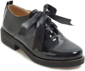 MIOKE Women's Wedge Platform Oxfords Shoes Round Toe Wingtip Lace Up Leather Chunky High Heel Dress Shoes