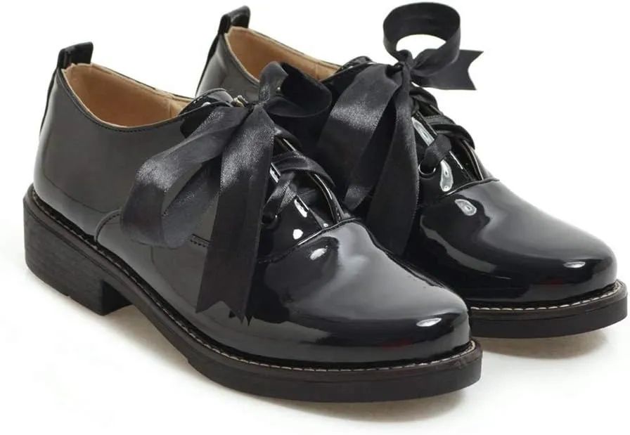 MIOKE Women's Wedge Platform Oxfords Shoes Round Toe Wingtip Lace Up Leather Chunky High Heel Dress Shoes