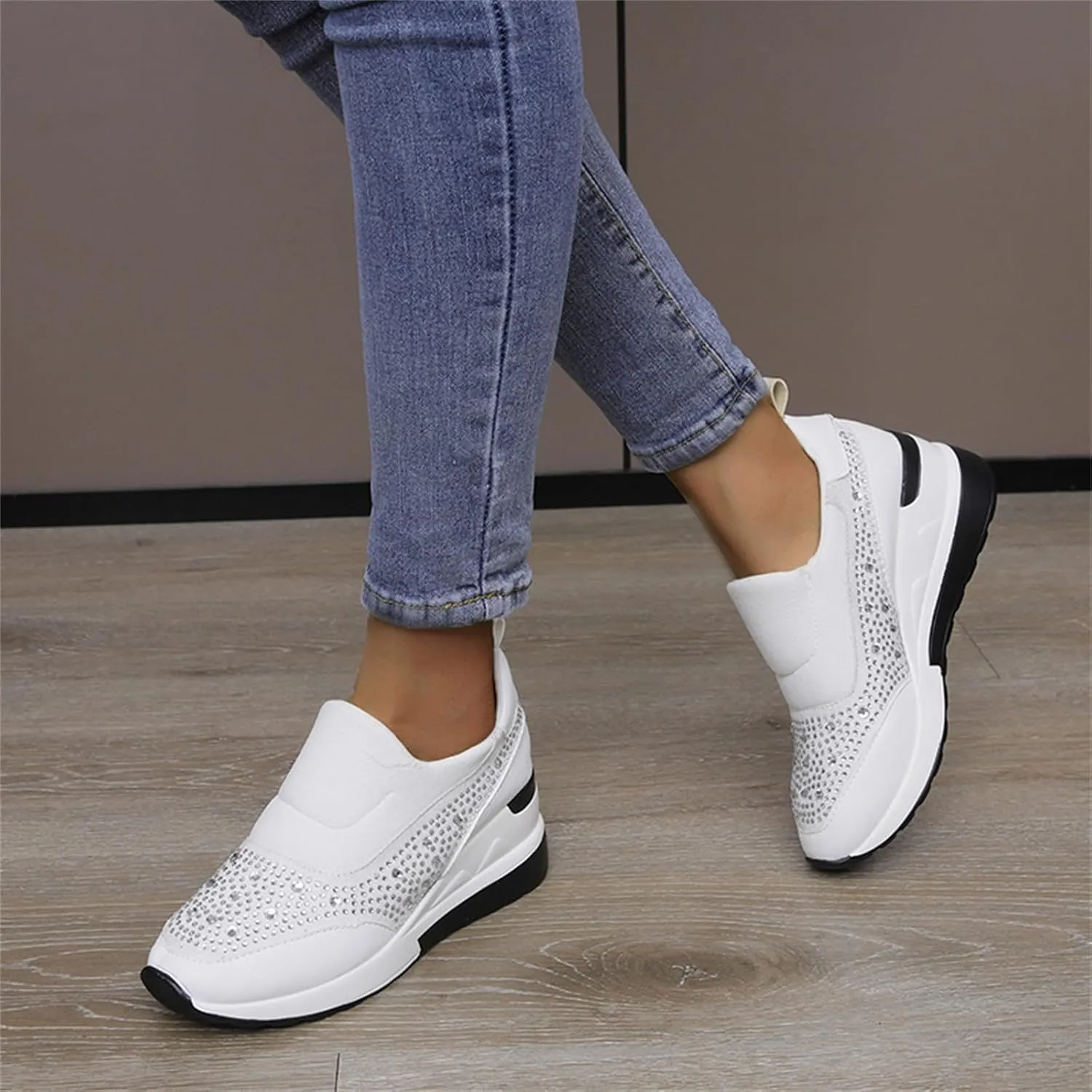 Orthopedic Shoes for Women Leather Rhinestones Patched Shoes Thick Sole Wedges Dress Shoes Arch Support Shoes