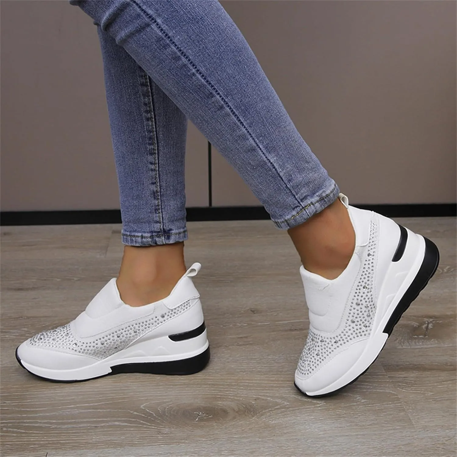 Orthopedic Shoes for Women Leather Rhinestones Patched Shoes Thick Sole Wedges Dress Shoes Arch Support Shoes