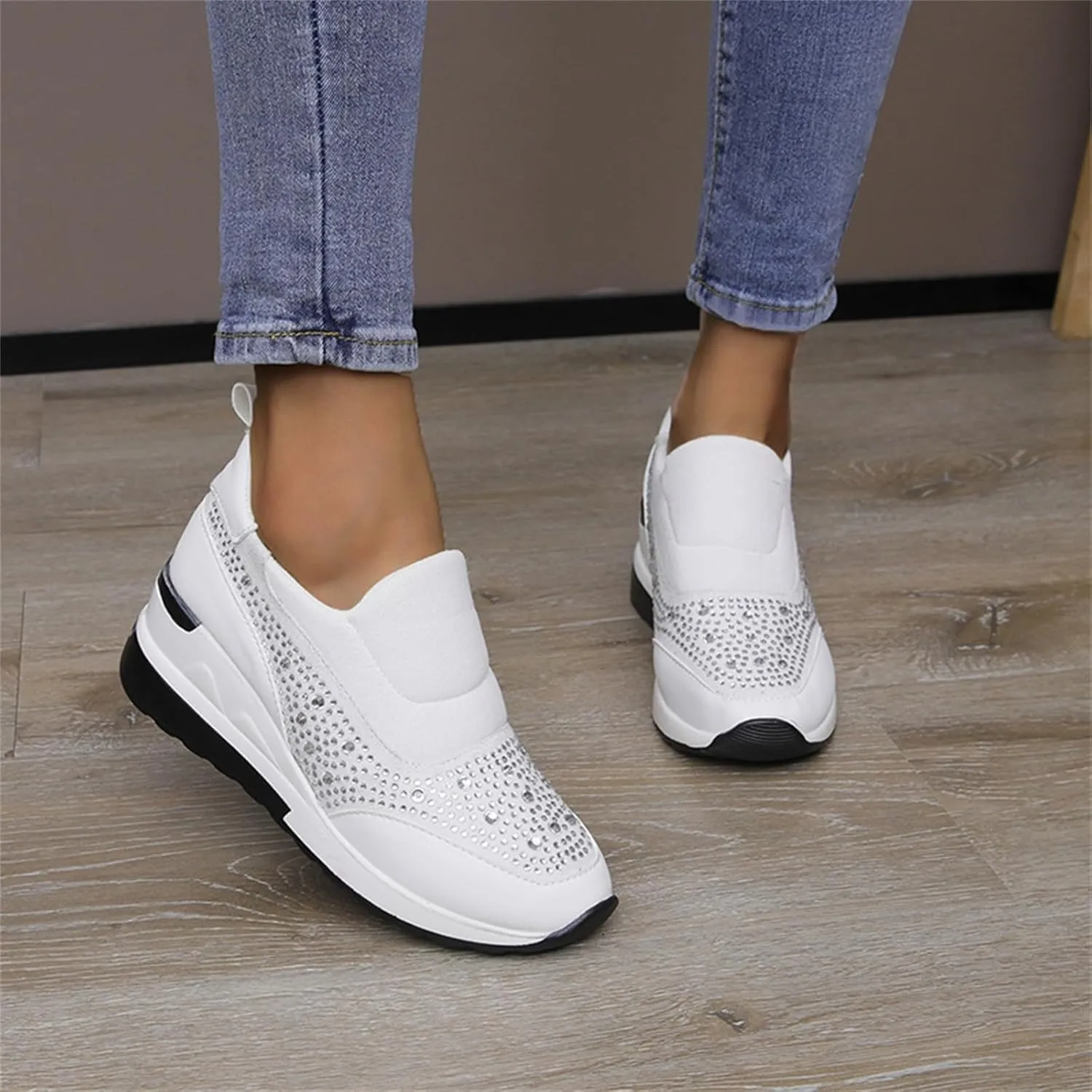 Orthopedic Shoes for Women Leather Rhinestones Patched Shoes Thick Sole Wedges Dress Shoes Arch Support Shoes