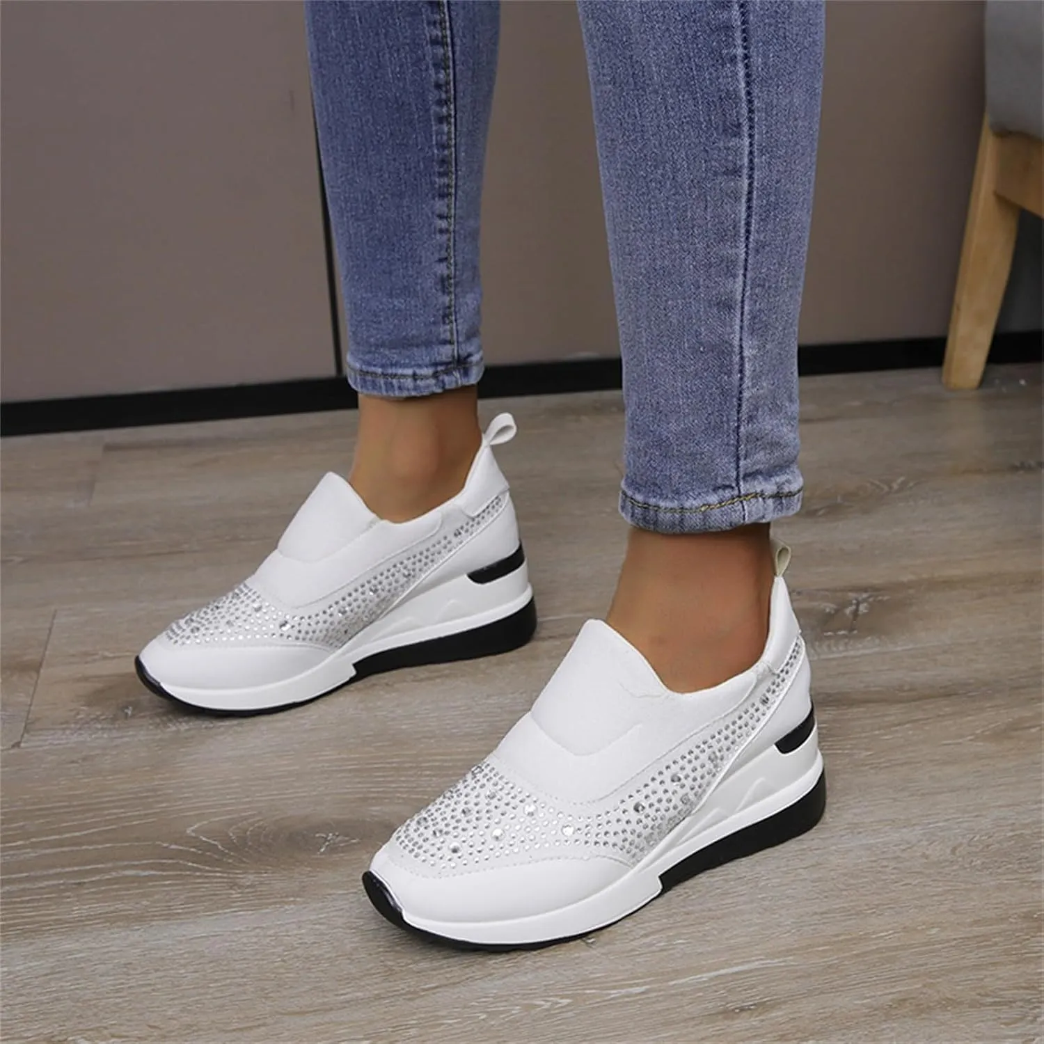 Orthopedic Shoes for Women Leather Rhinestones Patched Shoes Thick Sole Wedges Dress Shoes Arch Support Shoes