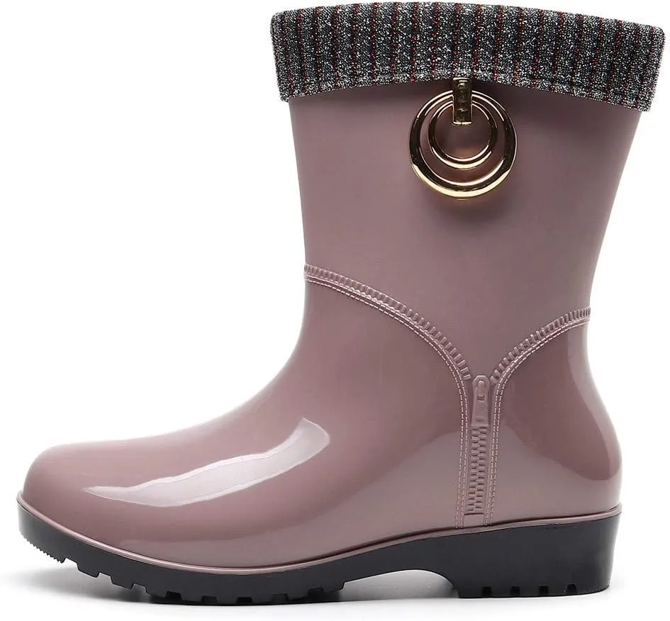 Punk Style Mid Warm Snow Boots Women's Rain Boots Outdoor Water Shoes Short Fuzzy Rain Boots