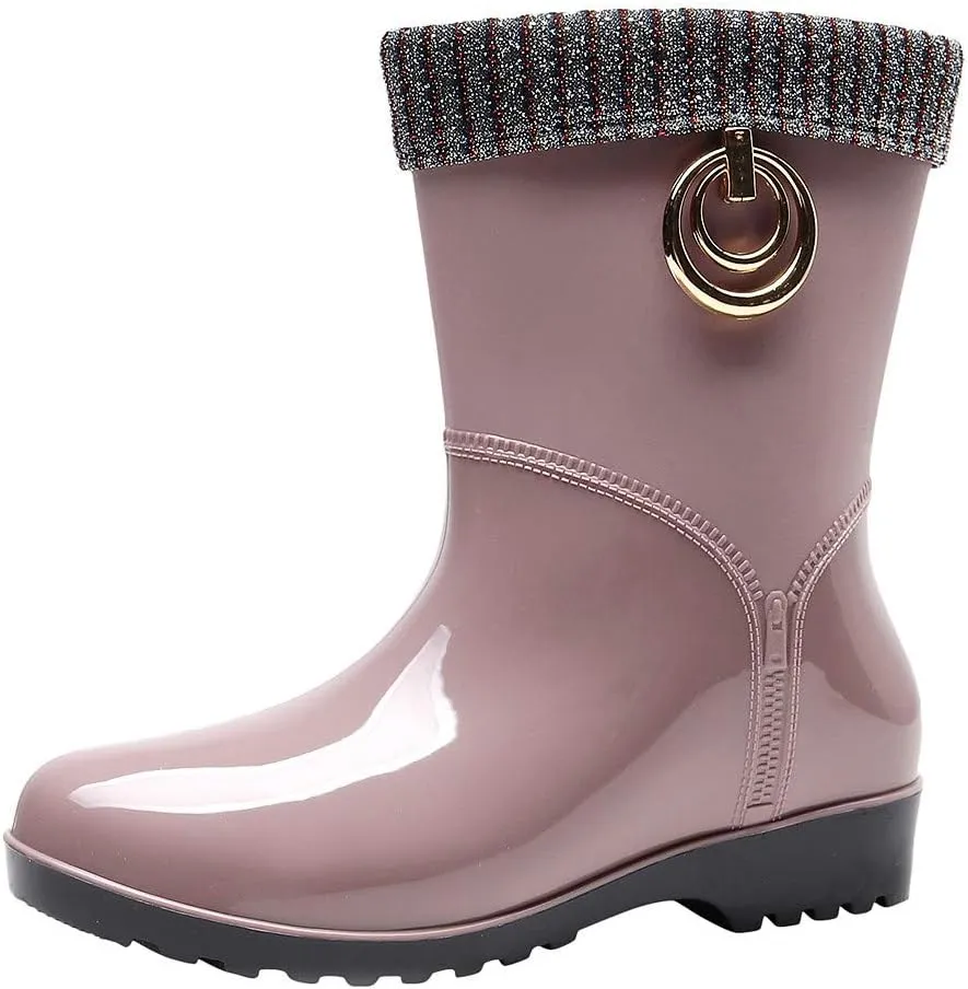Punk Style Mid Warm Snow Boots Women's Rain Boots Outdoor Water Shoes Short Fuzzy Rain Boots