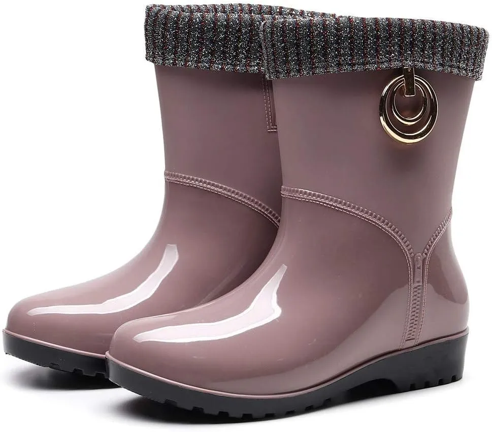 Punk Style Mid Warm Snow Boots Women's Rain Boots Outdoor Water Shoes Short Fuzzy Rain Boots