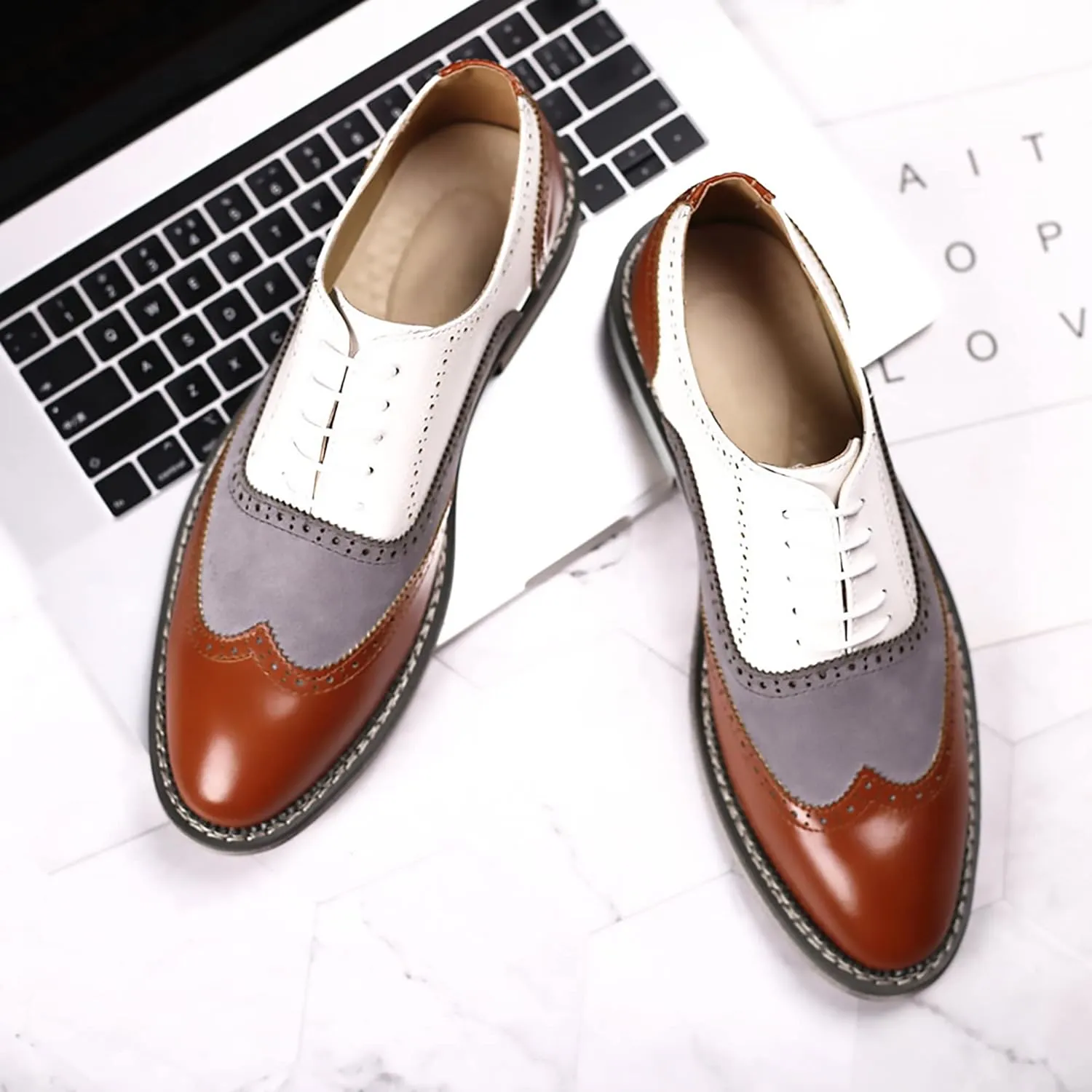 QHBPMGAD Mens Oxford Sneaker Dress Shoes-Stylish Wingtip Brogue Oxfords Casual Suede Shoes Work Travel Gift