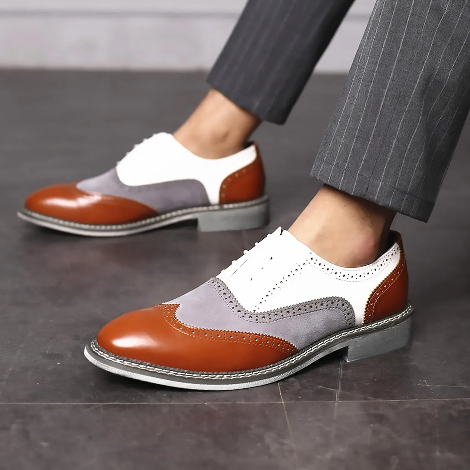 QHBPMGAD Mens Oxford Sneaker Dress Shoes-Stylish Wingtip Brogue Oxfords Casual Suede Shoes Work Travel Gift