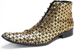 Santimon Men's Leather Oxford-Chelsea Hybrid Boots | Colorful Plaid & Gold Western Cowboy Ankle Boots | Prom/Disco/Tuxedo Party Dress Shoes with Rap Style Detailing