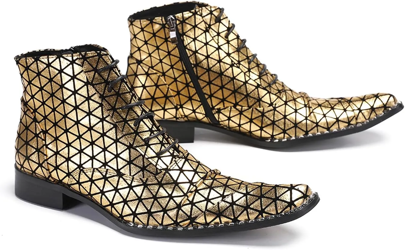 Santimon Men's Leather Oxford-Chelsea Hybrid Boots | Colorful Plaid & Gold Western Cowboy Ankle Boots | Prom/Disco/Tuxedo Party Dress Shoes with Rap Style Detailing