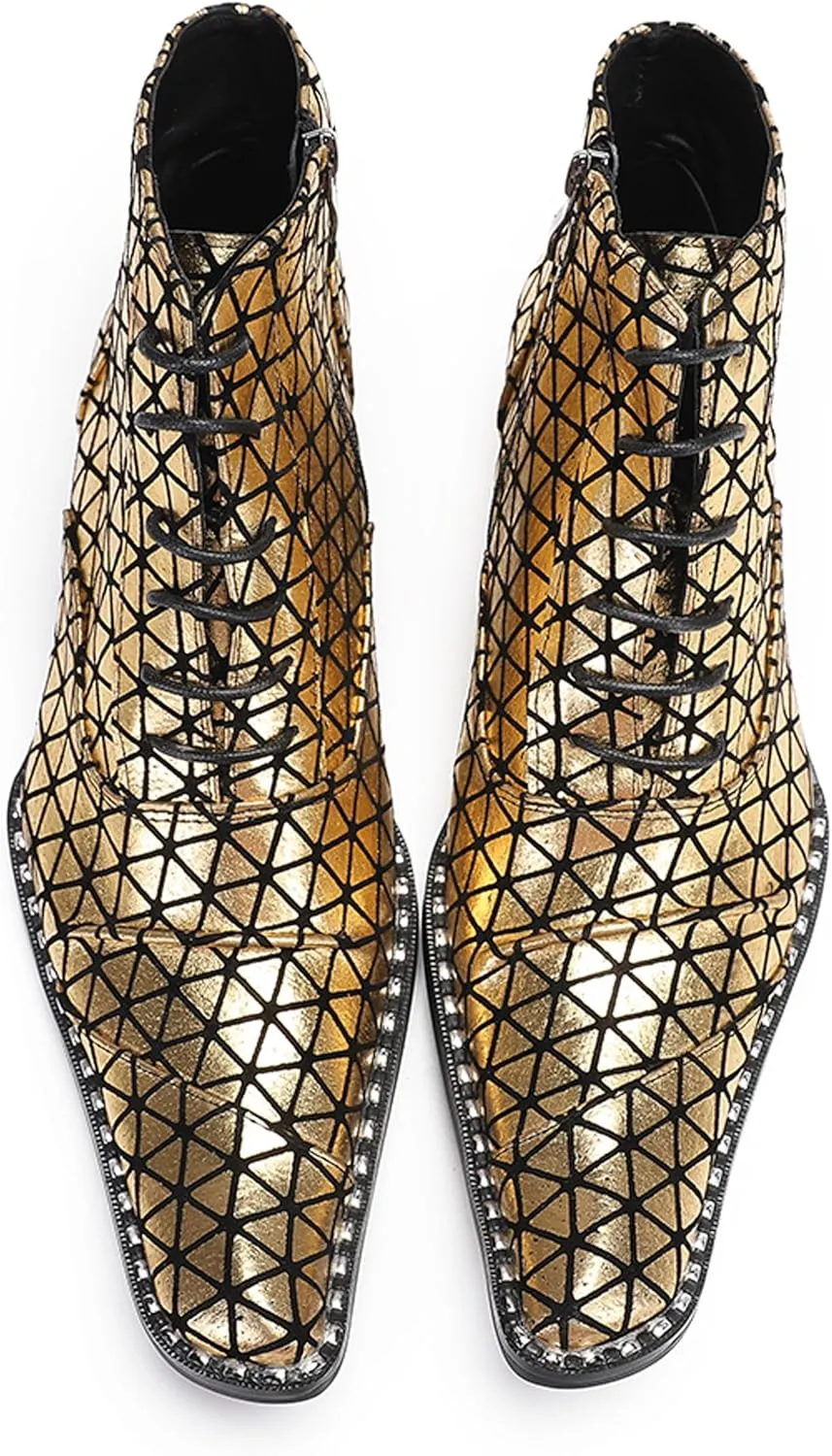 Santimon Men's Leather Oxford-Chelsea Hybrid Boots | Colorful Plaid & Gold Western Cowboy Ankle Boots | Prom/Disco/Tuxedo Party Dress Shoes with Rap Style Detailing