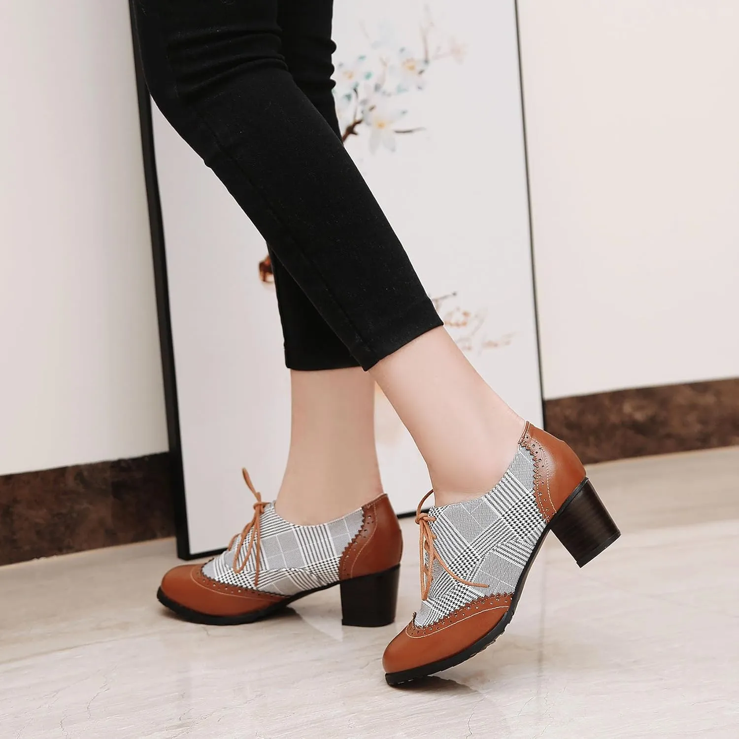 SHEMEE Women's Retro Wingtip Block Heel Lace Up Oxfords Stacked Chunky High Heels Pumps Vintage Round Toe Brogues Dress Shoes