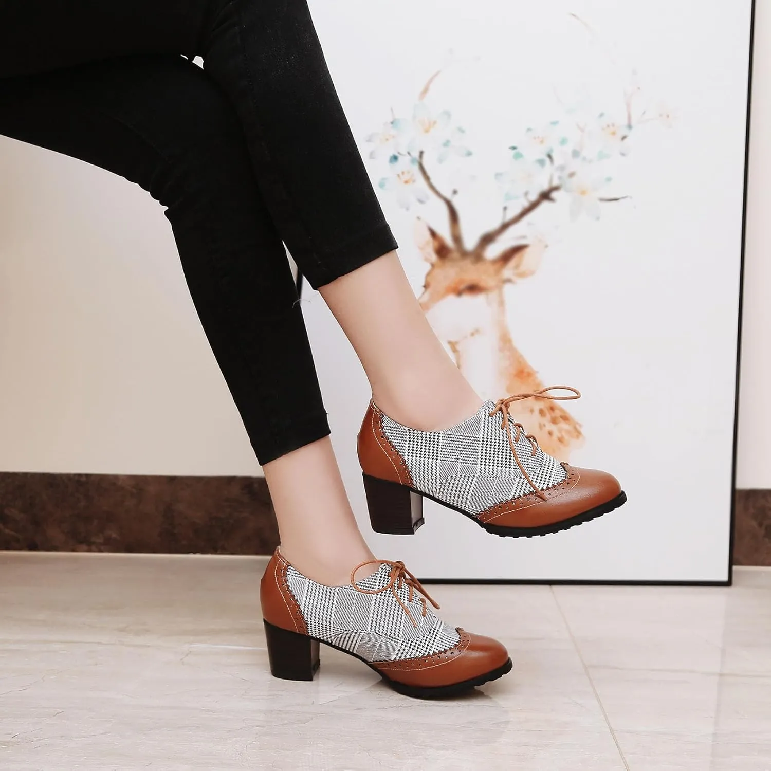 SHEMEE Women's Retro Wingtip Block Heel Lace Up Oxfords Stacked Chunky High Heels Pumps Vintage Round Toe Brogues Dress Shoes