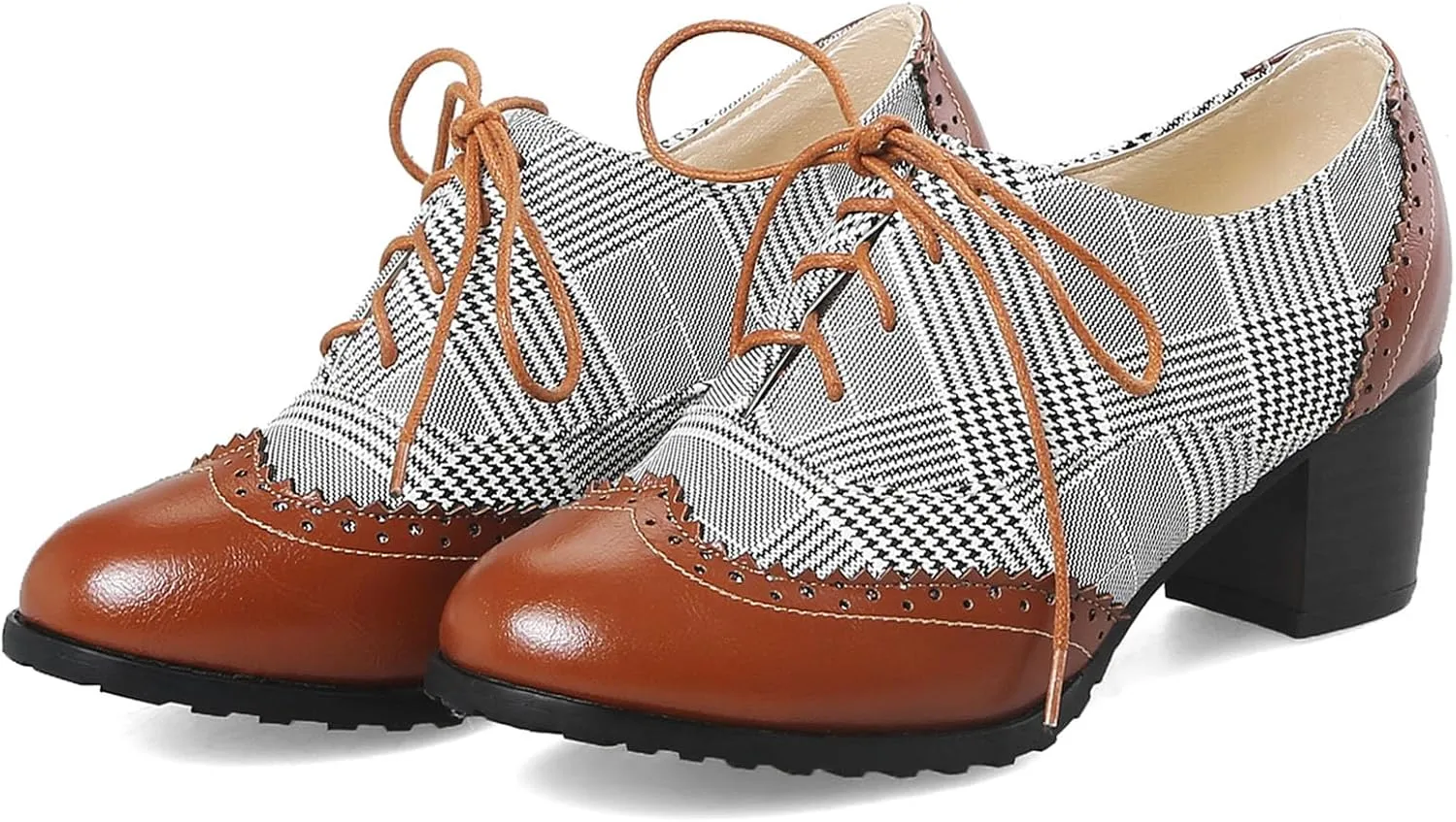 SHEMEE Women's Retro Wingtip Block Heel Lace Up Oxfords Stacked Chunky High Heels Pumps Vintage Round Toe Brogues Dress Shoes