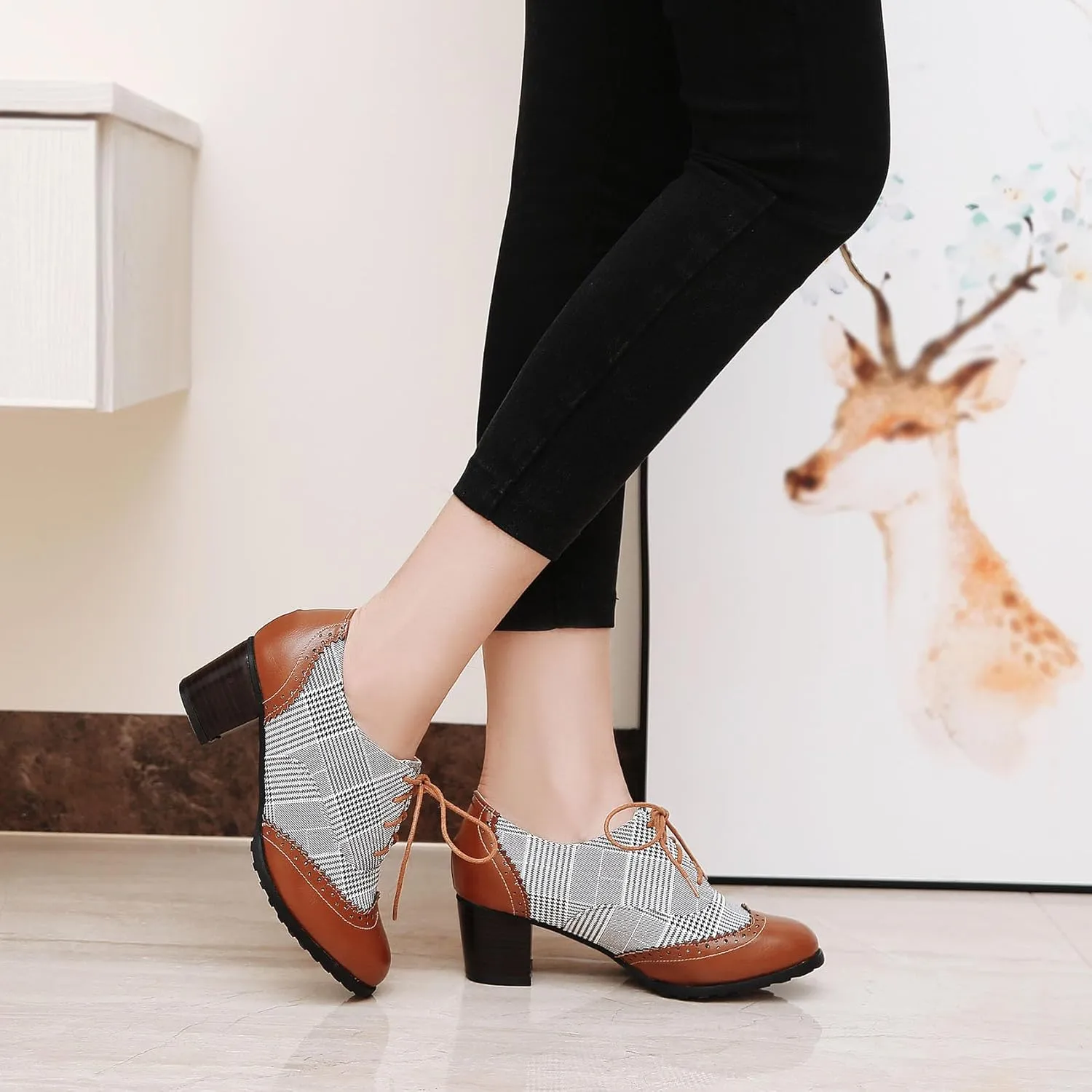 SHEMEE Women's Retro Wingtip Block Heel Lace Up Oxfords Stacked Chunky High Heels Pumps Vintage Round Toe Brogues Dress Shoes