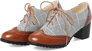 SHEMEE Women's Retro Wingtip Block Heel Lace Up Oxfords Stacked Chunky High Heels Pumps Vintage Round Toe Brogues Dress Shoes