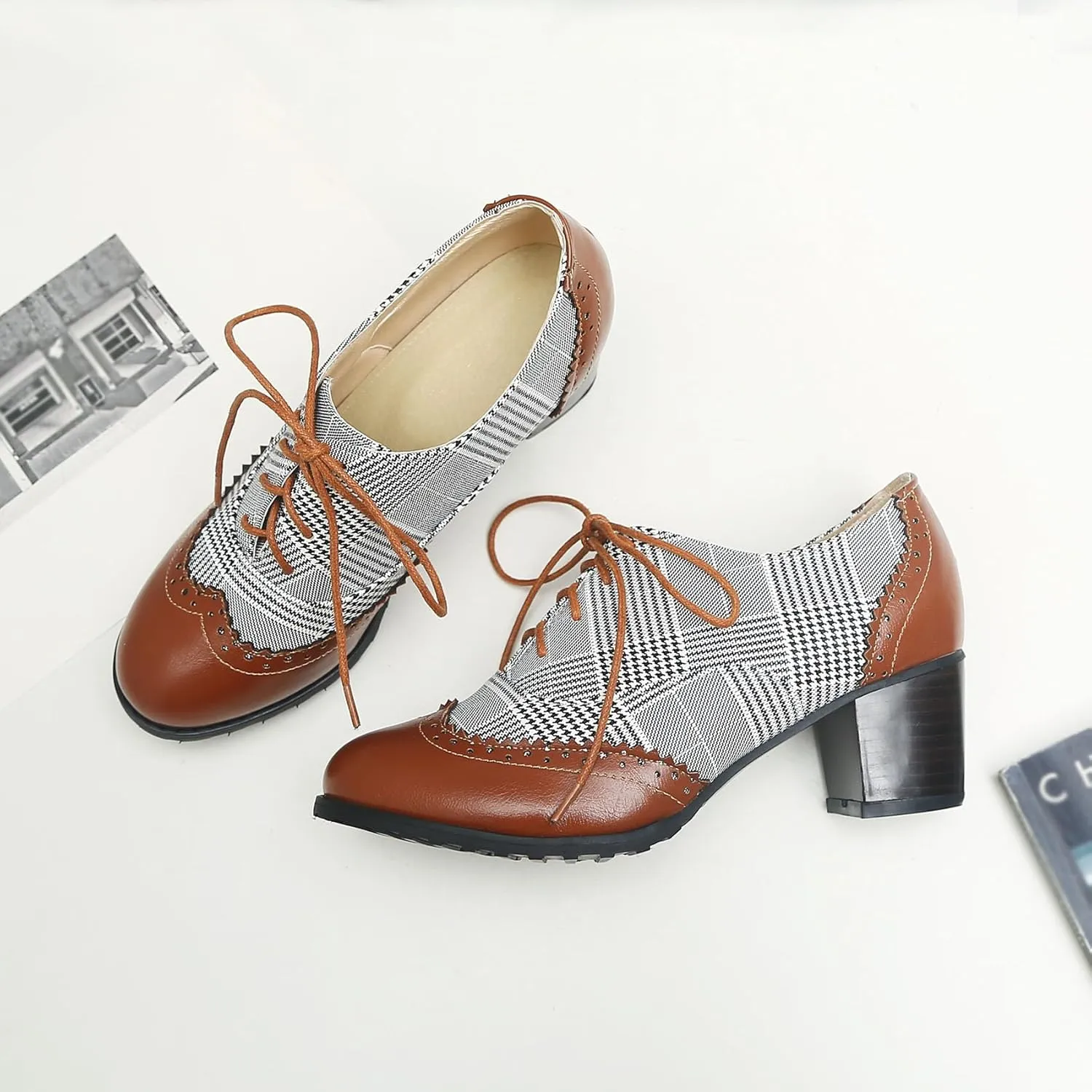 SHEMEE Women's Retro Wingtip Block Heel Lace Up Oxfords Stacked Chunky High Heels Pumps Vintage Round Toe Brogues Dress Shoes