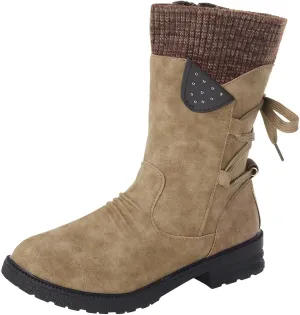 Snow Boots for Women Mid Calf Boots for Women Women Fashion Casual Vintage Retro Lace Up Thick Block Heels Shoes