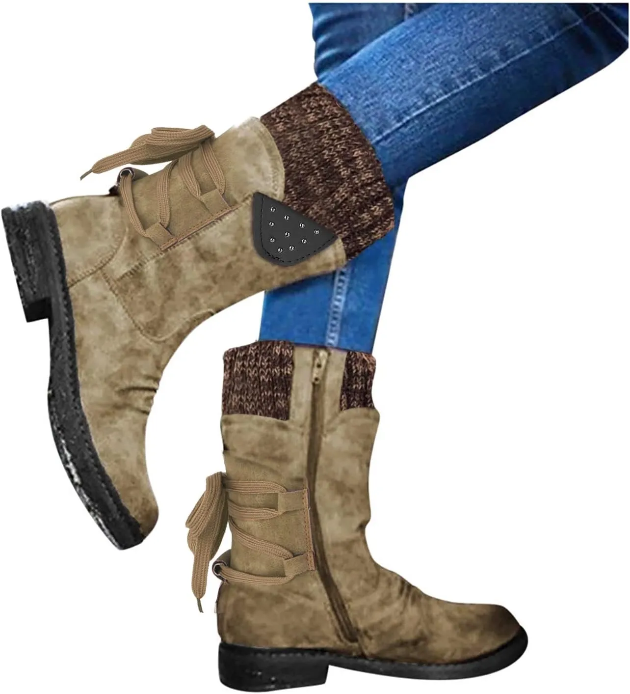 Snow Boots for Women Mid Calf Boots for Women Women Fashion Casual Vintage Retro Lace Up Thick Block Heels Shoes