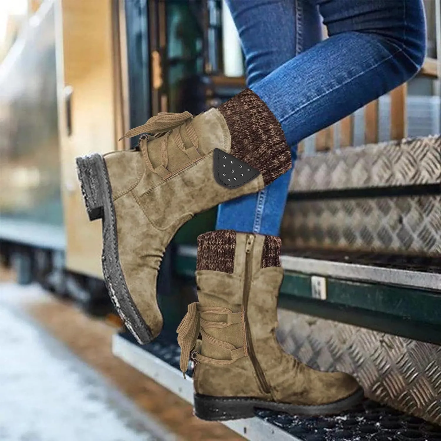 Snow Boots for Women Mid Calf Boots for Women Women Fashion Casual Vintage Retro Lace Up Thick Block Heels Shoes