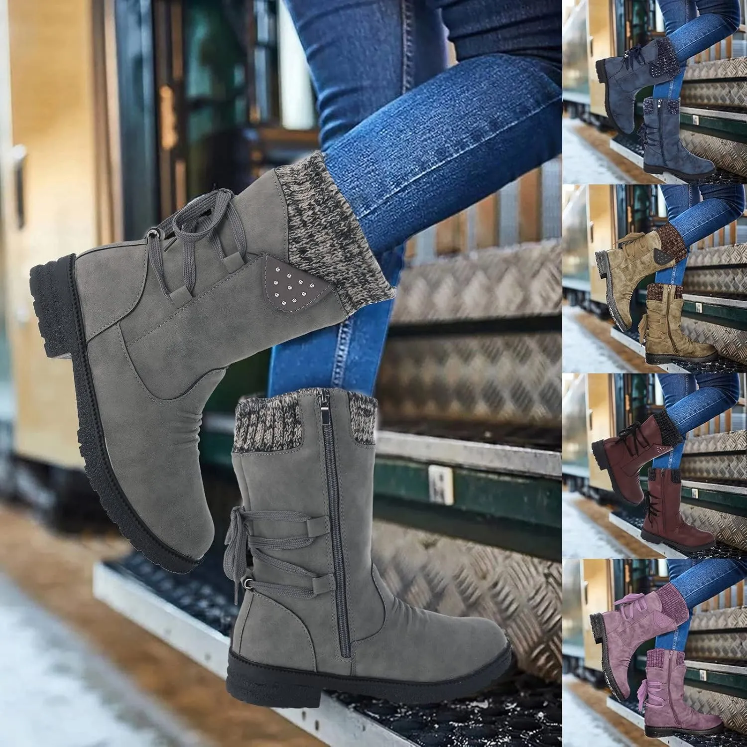 Snow Boots for Women Mid Calf Boots for Women Women Fashion Casual Vintage Retro Lace Up Thick Block Heels Shoes