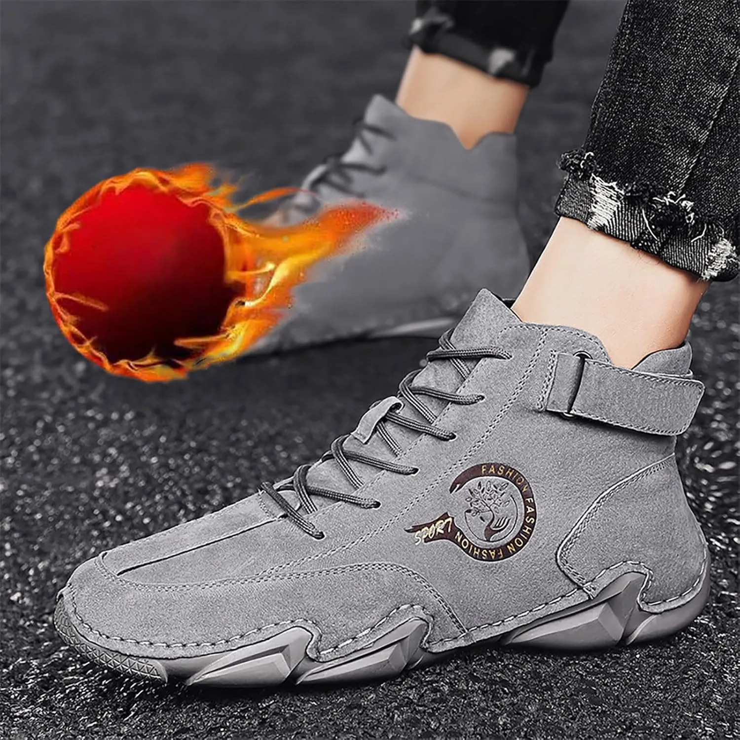 Versatile & Casual Sneaker New Winter Men's Padded Leather Korean High Top Hook Loop Short Boots Sport Shoes