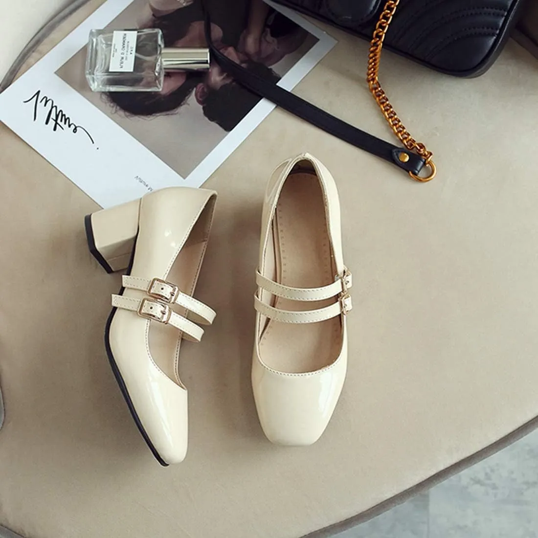 VOKLIN Women's Mary Jane Pump Oxford Retro Square Toe Buckle Strap Patent Leather Chunky Mid Heel Dress Shoes