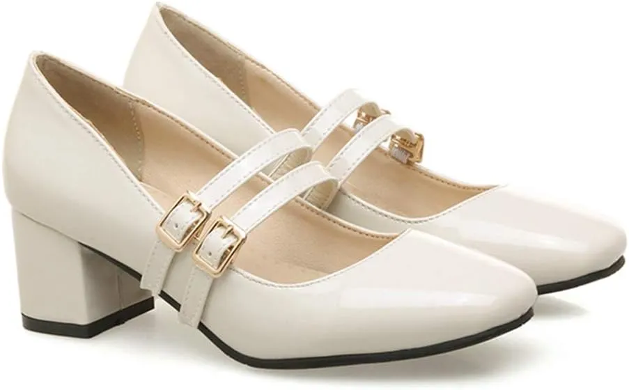 VOKLIN Women's Mary Jane Pump Oxford Retro Square Toe Buckle Strap Patent Leather Chunky Mid Heel Dress Shoes