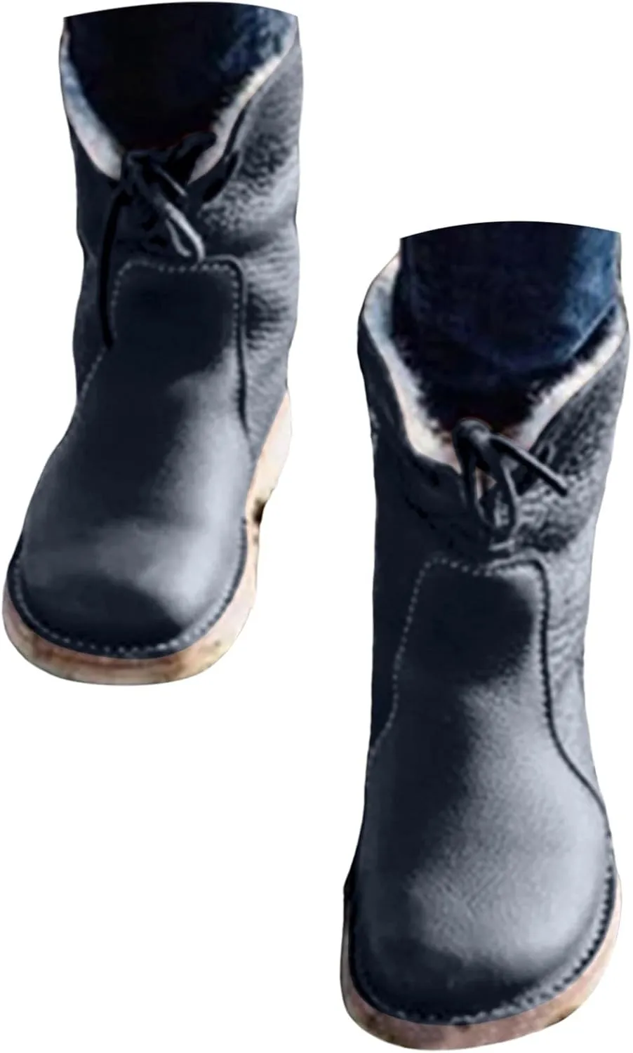 Winter Boots for Women Waterproof Leather Mid Calf Boots Warm Wool Lined Snow Shoes Flat Heel Lace Up Christmas Shoes