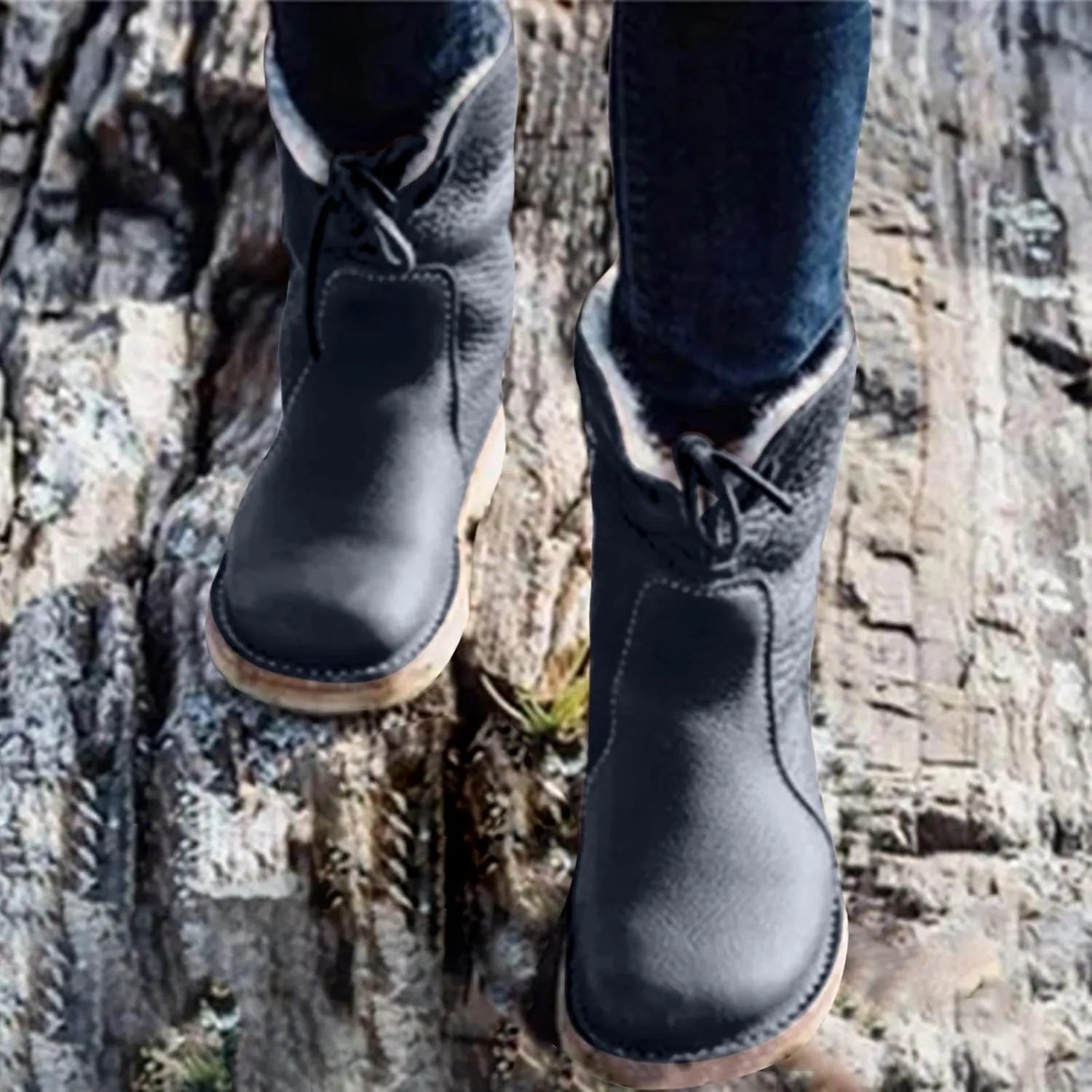 Winter Boots for Women Waterproof Leather Mid Calf Boots Warm Wool Lined Snow Shoes Flat Heel Lace Up Christmas Shoes