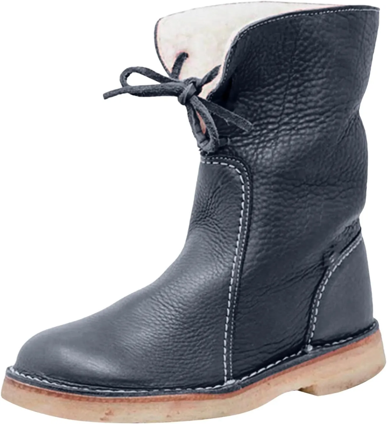 Winter Boots for Women Waterproof Leather Mid Calf Boots Warm Wool Lined Snow Shoes Flat Heel Lace Up Christmas Shoes