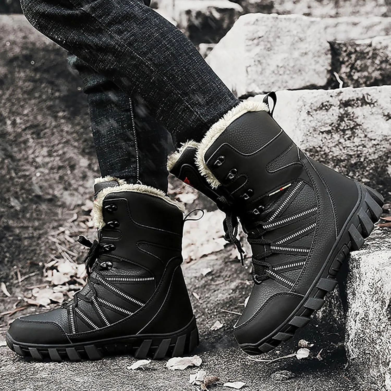 Winter Cotton Boots for Men Outdoor High Top Hiking Boots Thick Plush Non Slip Water Proof Insulated Snow Boots