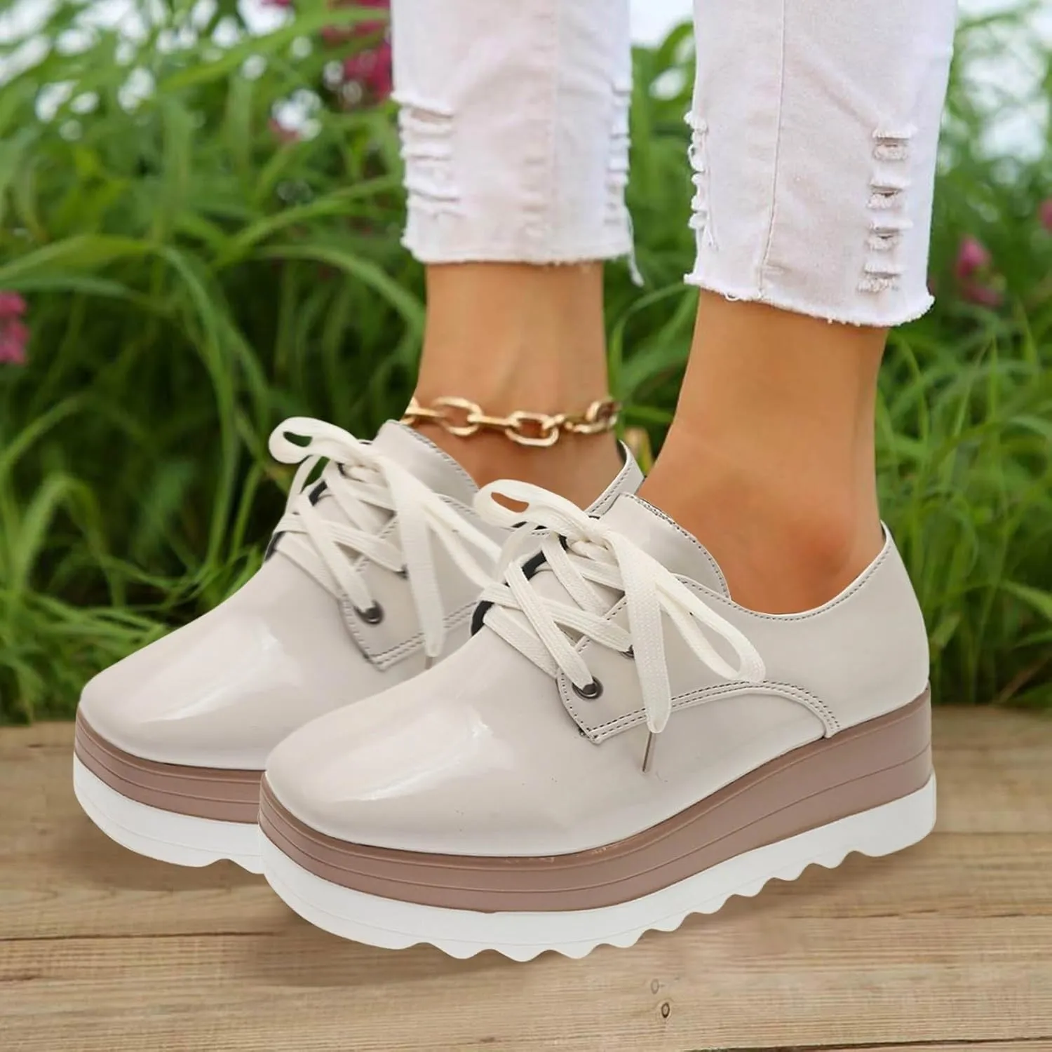 Women's Fashion Bright Leather Solid Color Square Toe Strap Platform Casual Shoes Casual Heel Womens Sneakers