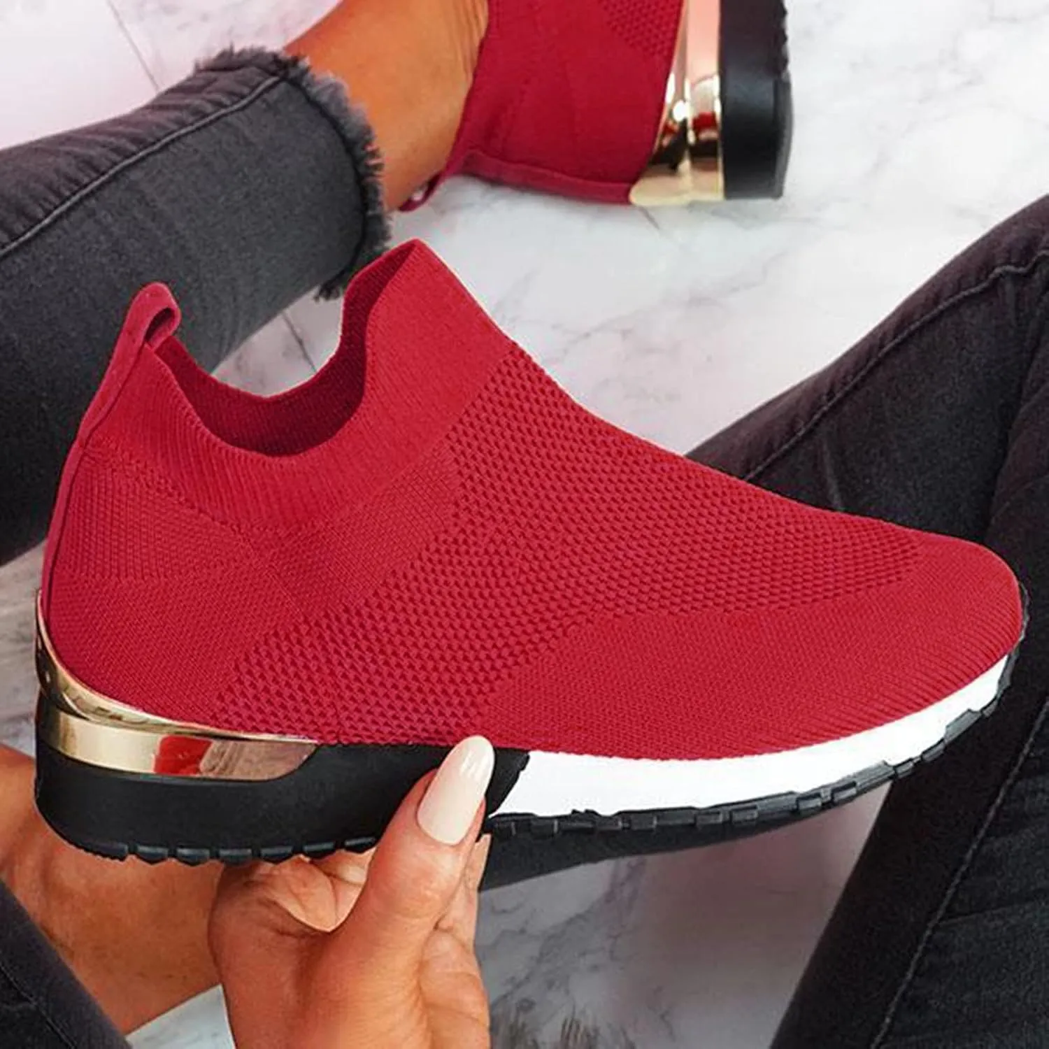 Women's Fashion Sneaker Mesh Slip On Black Non Slip Shoes for Women Comfortable Walking Shoes for Men Wide Width Black Platform Loafers Women Sock Sneakers Women