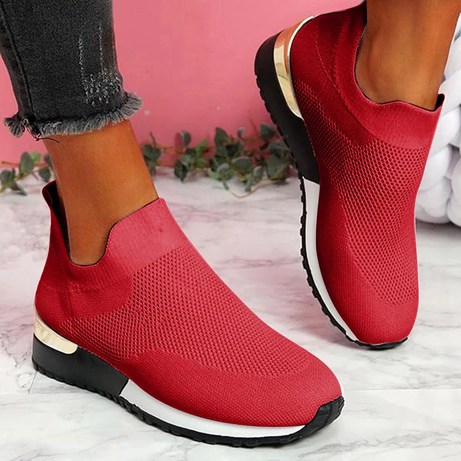Women's Fashion Sneaker Mesh Slip On Black Non Slip Shoes for Women Comfortable Walking Shoes for Men Wide Width Black Platform Loafers Women Sock Sneakers Women