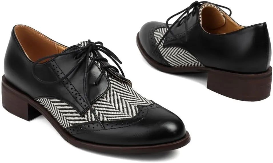 Women's Flat Low Heel Saddle Oxford Shoes Two Toned Wingtip Lace Up Perforated School Uniform Oxfords Brogues