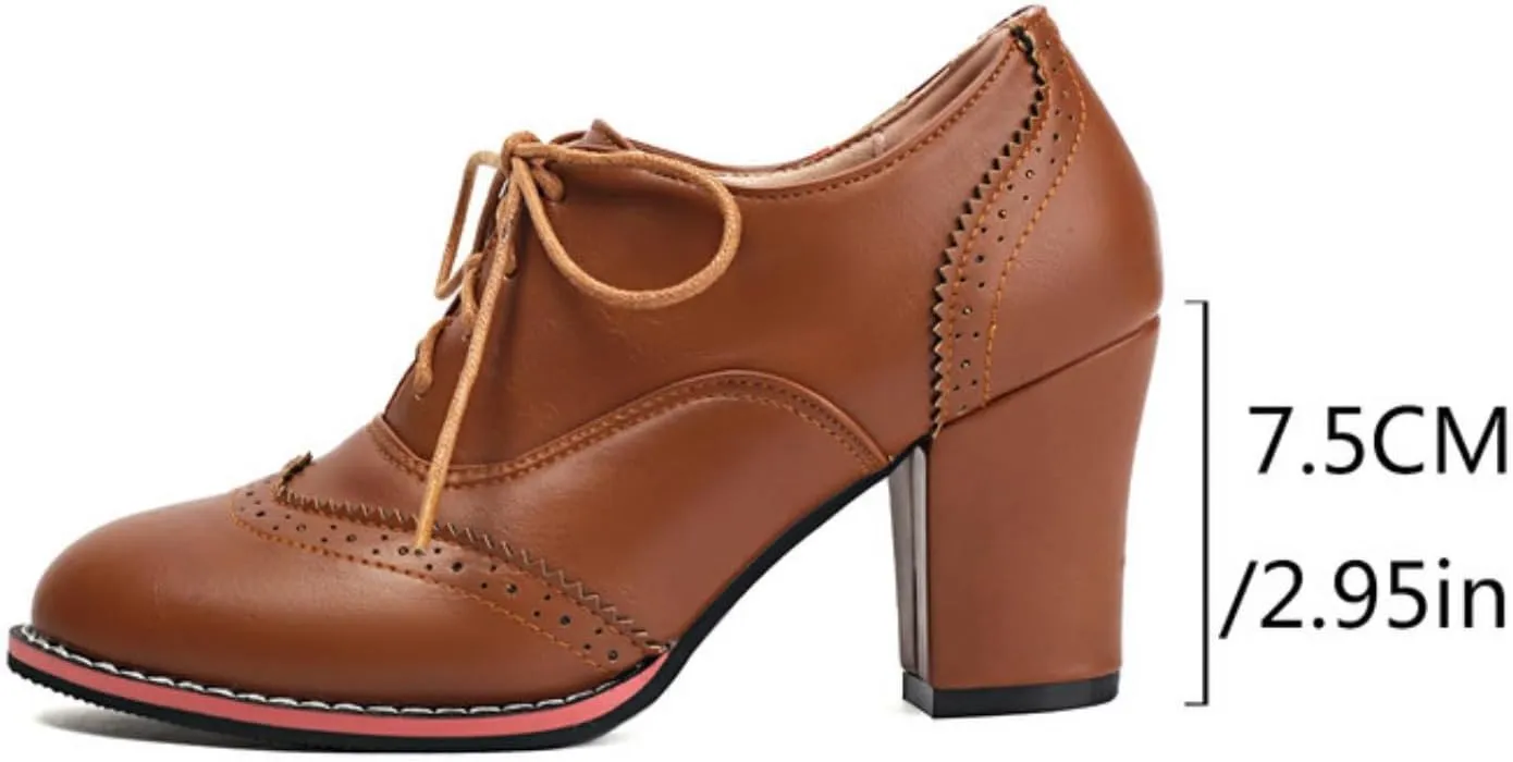 Women's Lace Up Chunky Heeled Oxfords Round Toe Vintage Stacked Block Heels Wingtip Brogues High Heel Dress Pumps