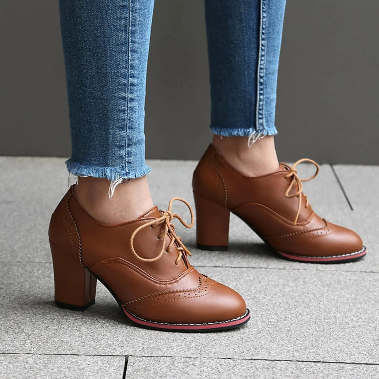 Women's Lace Up Chunky Heeled Oxfords Round Toe Vintage Stacked Block Heels Wingtip Brogues High Heel Dress Pumps
