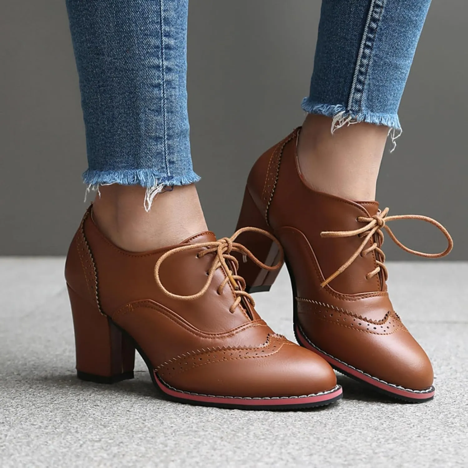 Women's Lace Up Chunky Heeled Oxfords Round Toe Vintage Stacked Block Heels Wingtip Brogues High Heel Dress Pumps