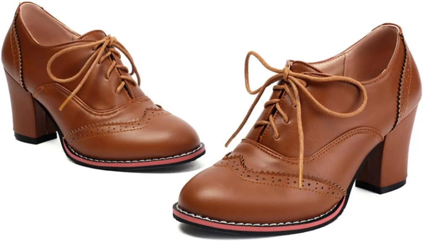 Women's Lace Up Chunky Heeled Oxfords Round Toe Vintage Stacked Block Heels Wingtip Brogues High Heel Dress Pumps