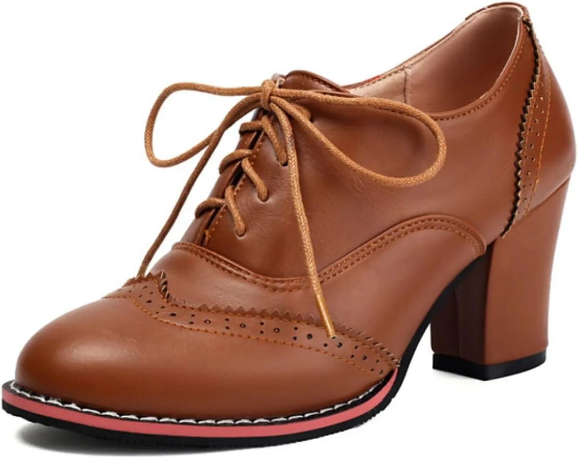 Women's Lace Up Chunky Heeled Oxfords Round Toe Vintage Stacked Block Heels Wingtip Brogues High Heel Dress Pumps