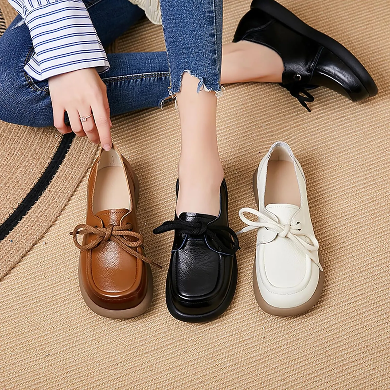 Women'S Leather Slip On Soft Sole Oxfords Comfortable Breathable Round Toe Lace-Up Platform Loafers Casual Non Slip Driving Office Work Dress Shoes