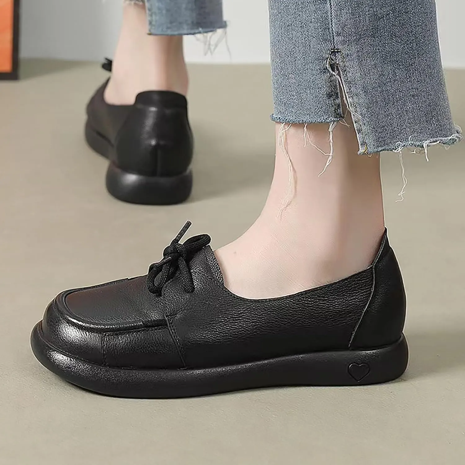 Women'S Leather Slip On Soft Sole Oxfords Comfortable Breathable Round Toe Lace-Up Platform Loafers Casual Non Slip Driving Office Work Dress Shoes