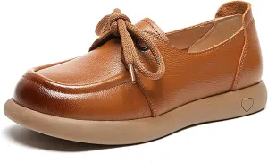 Women'S Leather Slip On Soft Sole Oxfords Comfortable Breathable Round Toe Lace-Up Platform Loafers Casual Non Slip Driving Office Work Dress Shoes