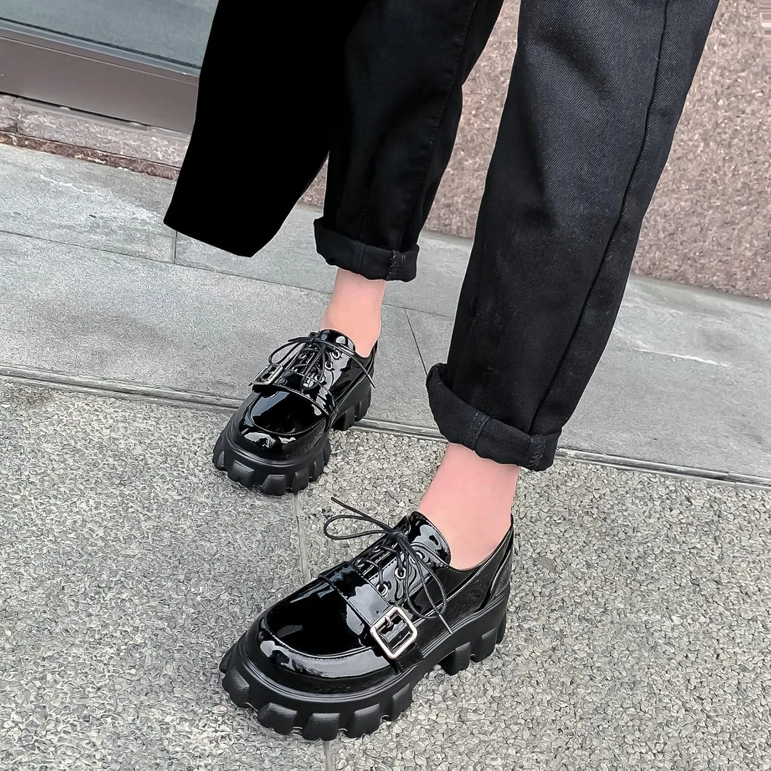 Womens Lug Sole Platform Goth Shoes Chunky Heel Lace Up Oxford Pumps Round Toe